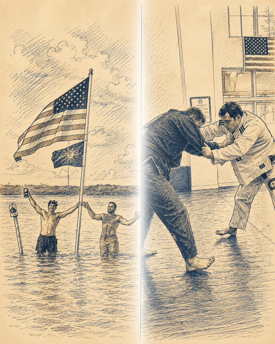 Hand-drawn illustration of two Brazilian jiu jitsu practitioners training on a coastal beach